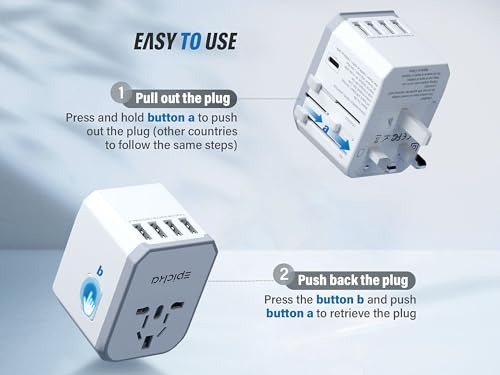 EPICKA Universal Travel Adapter, European Travel Plug Adapter - International Power Adapter Worldwide Charger with USB-C & 4 USB-A Ports, Travel Essentials for Italy, Japan, Europe, UK (TA-105, White) - Image 5