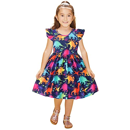 Toddler Girls Child Fly Sleeve Cartoon Dinosaur Prints Summer Beach Party Dresses Princess Dress Youth Dress2