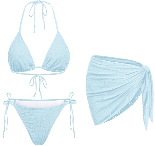 Light Blue Women 3 Piece Swimsuits - Sexy Triangle Bikini Sets with Cover Up Halter String Tie Side Bathing Suits M
