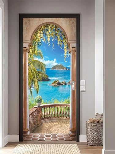 artfanke 3D Balcony Seascape Peel and Stick Door Sticker 30.3"x78.7",Self-Adhesive