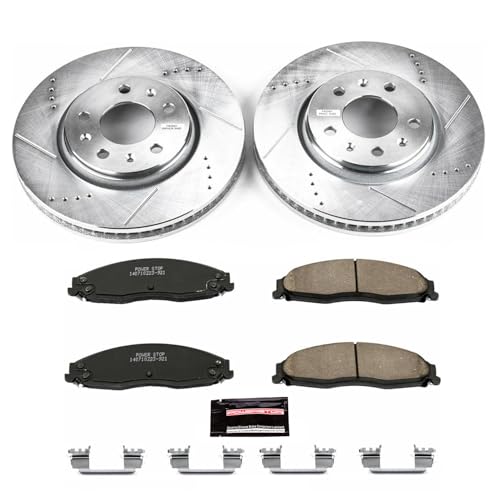 Image of PowerStop Front Brake Kit for Cadillac STS 2005-08 - Drilled and Slotted Disc Rotors with Carbon-Fiber Ceramic Brake Pads Replacement, K1423