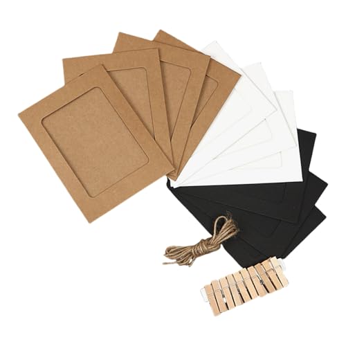 10 marcos de fotos de papel para colgar en la pared, 3 diseños de colores, incluye cuerda y clips de madera para exhibición de arte en el hogar, marco de fotos, guirnalda con clips