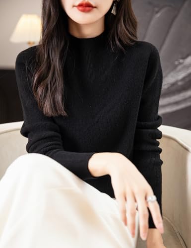 Image of Chanyarn Women's 100% Merino Wool Seamless Sweater Mock Neck First-Line Ready to Wear Long Sleeve Ribbed Knit Pullover