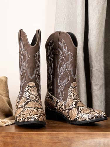 Image of Python Manning Men's Boots Cowboy for Men Classic Pointed Toe Western Pull Up Snakeskin Embroidered Mid-Calf Boots