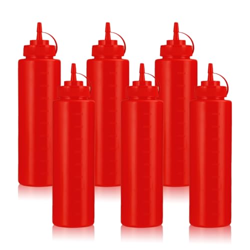 WELKOR Squeeze Bottles for Sauces,Leak-Proof Condiment Dispenser, BPA-Free Kitchen Restaurant Squeeze Bottle Set with Wide Mouth for Ketchup, Mustard,Syrup,Dressings (Red, 6Pack-32oz(900ml))