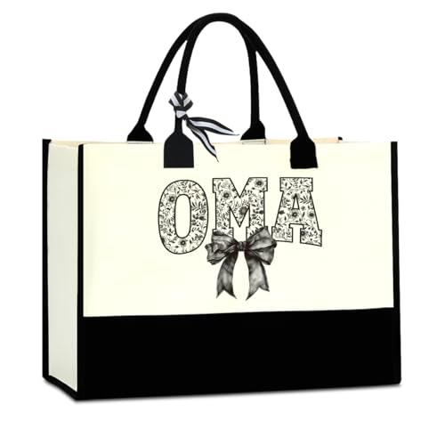 GHJTYRC Oma Gifts, Mothers Day Gift, Grandma Tote Bag, Black Bow Decor Canvas Tote Bag for Women Grandma Shopping Travel Camping