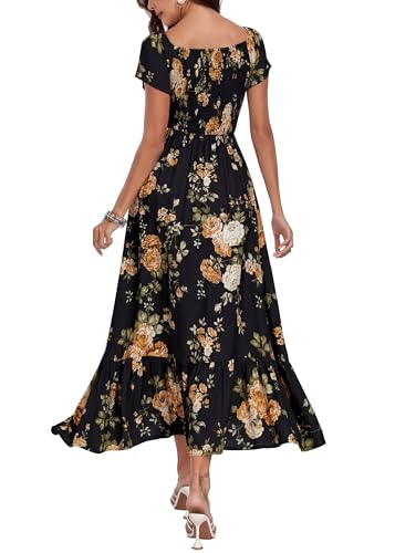Image of Summer Smocked Boho Maxi Dress for Women 2026 Short Sleeve Floral Smocked Flowy Ruffled Beach Vacation Dresses Lightweight