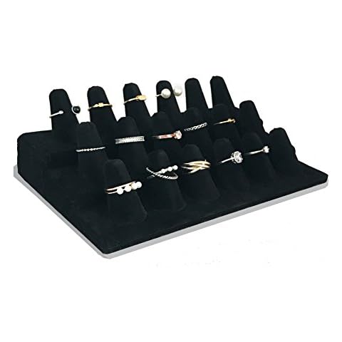 7TH VELVET 18 Fingers Ring Display, Black Velvet 3 Step Ring Stand, for Showcase Jewelry Organizer Jewelry Storage Counter Cover