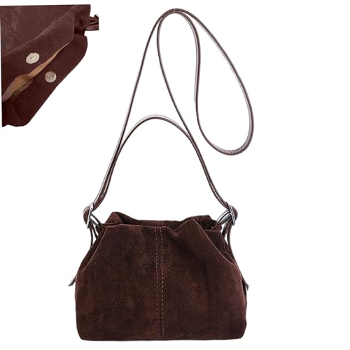 CAKEEYUM Bolso de ante para mujer, bolso de ante marrón vintage, con cordón y hebilla magnética, para la escuela, el trabajo, viajes, compras, marrón, monedero, cubo, chocolate