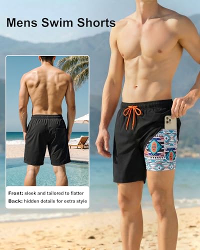 Image of Mens Swim Trunks with Compression Liner 2 in 1 Quick Dry Swimming Shorts Swimwear Bathing Suits with Pockets