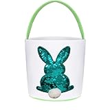 ALUNME Green Easter Basket Bags, Bunny Basket Egg Bag Bunny Tote Bag Eggs Hunt Basket Bucket Rabbit Fluffy Tails Party Celebrate Toys Carry Candy Egg Bucket