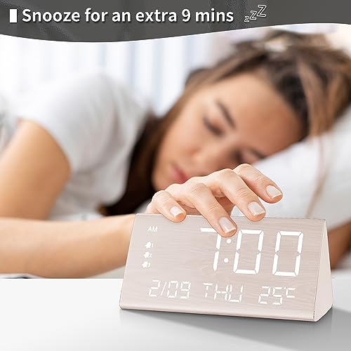 Image of JALL Digital Alarm Clock, with Wooden Electronic LED Time Display, 3 Alarm Settings, Weekday /Weekend Mode, Temperature Detect, Wood Made Electric Clocks for Office, Bedroom, Bedside