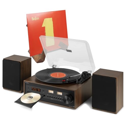 Audizio Boston Vinyl Record Player with CD DAB+ Radio Bluetooth & Stereo Speakers Vintage Wooden Record Player Stereo System with Retro Vinyl Sleeve Display Stand
