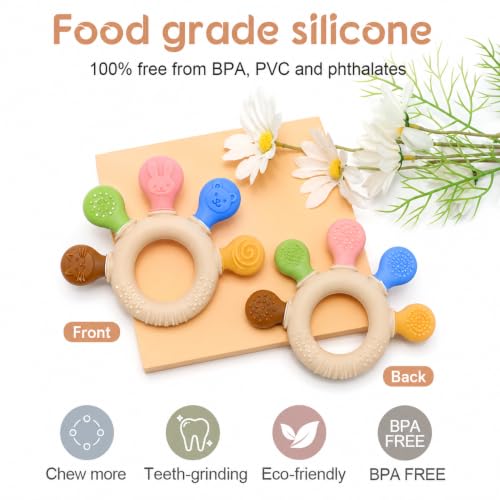 Image of Baby Teether Silicone Teething Toy - BPA Free Food Grade Ring for Infants & Newborns - Textured Sensory Chew Toy for Gum Relief - 3-12 Months Molar Teether with Bear & Bunny Animal Designs
