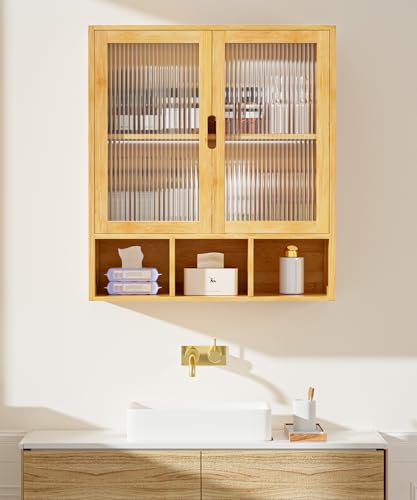 Miniatura 2 de Yorbay Armario De Baño Pared Con 2 Puerta Magnética Transparente Y Compartimento Abierto, Armario Botiquín De Bambú Para Baño, Armario De Colgar Que Ahorra Espacio, 22 X 59 X 66 Cm Color Bambú
