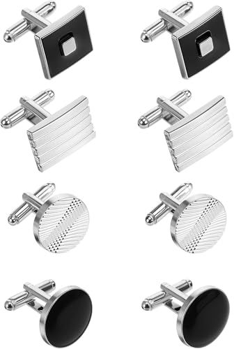 KASTWAVE 4 Pairs Mens Cufflinks Set Gold & Silver Striped Disc Square and Rectangle Designs Fashionable for Business Weddings and Special Events Gift (Silvery)