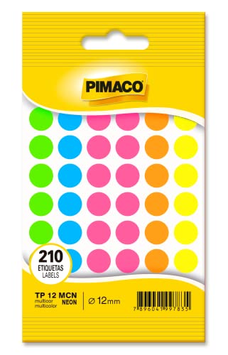 Etiqueta Adesiva Pimaco, Multiuso TP-12-MCN, Multicolor Neon, Ø 12mm, envelope com 5 fls - 210 etiqu