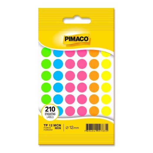 Etiqueta Adesiva Pimaco, Multiuso TP-12-MCN, Multicolor Neon, Ø 12mm, envelope com 5 fls - 210 etiquetas, 970849