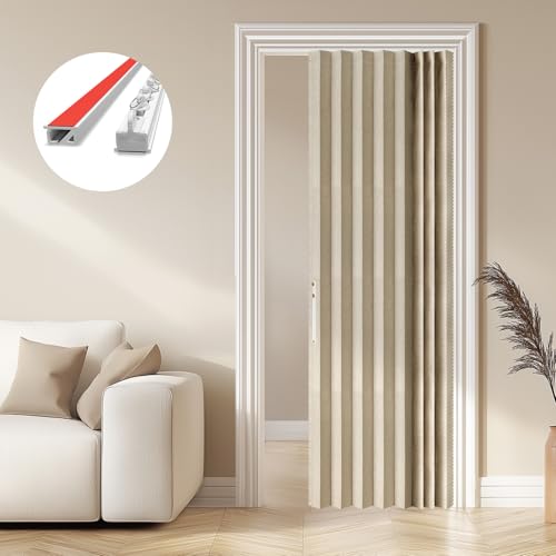 Image of AJAZZ 100% Blackout Magnetic Accordion Panel - Invisible Folding & Sliding Glass Cover for Bedroom, Living Room, Doorway - Curtain Sets Includes Tracks (1 Panel, 43W x 79L, Cream Yellow)