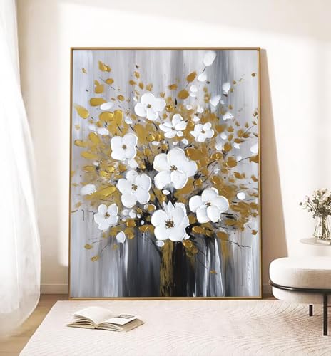 Hand-Painted White and Gold Flowers Oil Painting On Canvas for