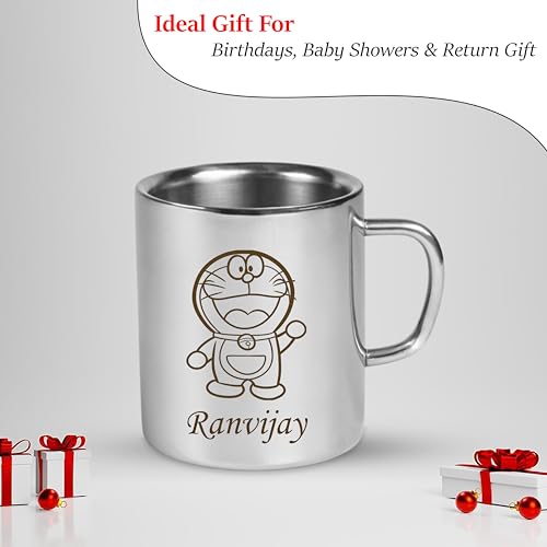 Image of SAVRI Personalized Stainless Steel Mug for Kids with Customized Name Engraved & Cartoon Design | 220 ml Double Wall Insulated Mug for School, Milk, Juice & Water (Doremon)