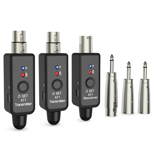 A11 Wireless XLR Transmitter and Receiver 2.4GHz, Wireless Microphone System for Dynamic Microphones, Audio Mixer, PA System, 100ft Range, Ultra-Low Latency, Rechargeable Battery (A11-2(2TX+1RX))