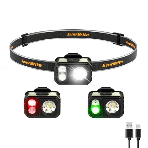 EverBrite Rechargeable Head Torch, 7 Lighting Modes 45 g Ultra-Light LED Headlamp with Hat Clip, Adjustable Strap, 400 Lumen Waterproof Headlight for Running, Camping, Fishing, Green