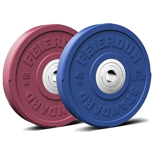 Image of FEIERDUN Color Bumper Plate Set, 2-Inch Olympic Weight Plates, Low Bounce Rubber Barbell Plates with Stainless Steel Insert for Weightlifting, Strength Training, CrossFit & Home Gym, 10LB-370LB