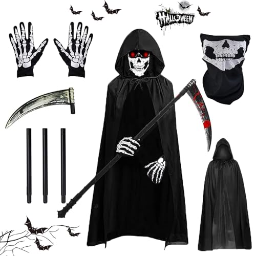AOMAIGAD Sensenmann Kostüm,Halloween-Umhang mit Kapuze,mit Schädelmaske,Sense,Skelett Handschuhe,Halloween Kostüm Unisex，Sensenmann Umhang für Halloween,Cosplay,Karneval (Erwachsener-B)