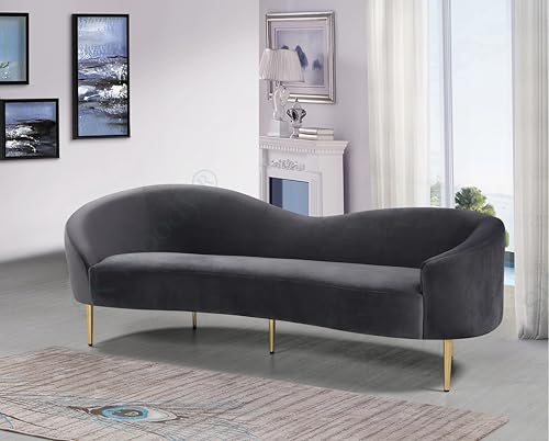 Image of Rosewood Luxury Curved Sofa in Premium Velvet-Fabric | Solid Wood Structure | High Density Foam | Sturdy Golden Legs | Comfortable & Stylish Couch for Modern Living Room (Grey, 3 Seater)