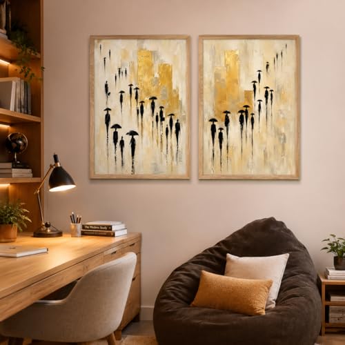 Image of Livin'luxe Set of 2 Umbrella People Abstract Wall Photo with Frame for Living Room Bedroom Study Office Decor, Premium Wooden Synthetic Frame Luxury Artwork Gift