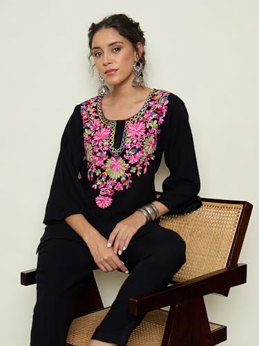 Image of Women Woollen Embroidered Round Neck Short Kurta With Pencil Pants