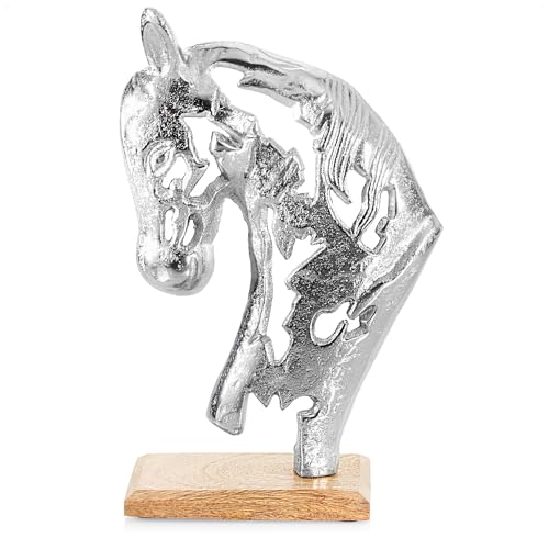 com-four® Support de Cheval décoratif Haut de Gamme - Statue Sculpture 20 x 32 cm en Aluminium nickelé sur Socle en Bois de manguier - Figurine décorative à Poser (argenté - Cheval)