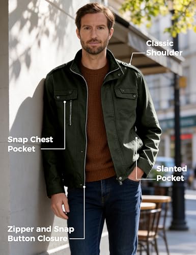 Image of Wantdo Men's Cotton Lightweight Military Jacket Casual Windbreaker | Stand Collar,5 Pockets,Windproof,Snap Cuffs,Spring Fall Daily Commute Work Outdoor Wear,Regular Fit,Versatile Outerwear