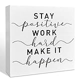 インスピレーショナルな木製ボックスサイン Stay Positive Work Hard インスピレーショナル ホーム オフィス デスク装飾 モチベーションアップ 学校 教室装飾 女性 男性 同僚 学生へのポジティブなギフト
