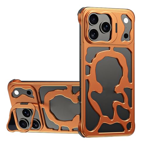 XINYANDIN 適用対象iPhone 17 Pro Max/17 Pro用マグネットケース、スリムなフレームレスメタル放熱スマホケース、カメラ保護キックスタンドカバー付き,オレンジ色,17 ProMax