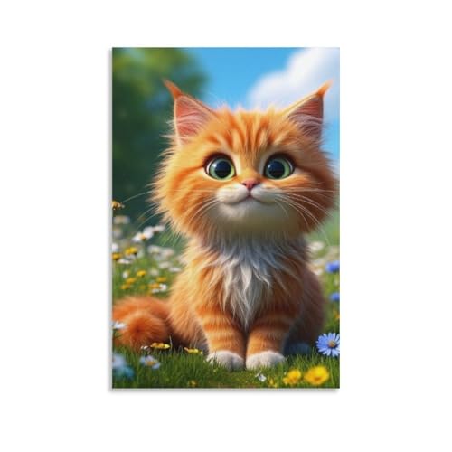 Lienzo decorativo para pared de salon cuadro de gato esponjoso con flores 40x61cm