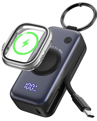 INIU Portable Charger, 5000mAh 20W External Phone Battery Pack, PD Fast Charging Keychain Power Bank with USB C Cable and Watch Charger, for iPhone 17 16 15 Air, Apple Watch Ultra 11 10 9 8 SE, etc.