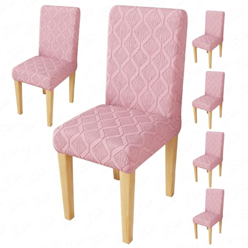 Image of Lukzer Elastic Dining Chair Cover - 6PC Pastel Pink Diamond Pattern | Textured High Stretch Jacquard Seat Cover | Removable Washable Short Dining Chair Cover Protector Seat Slipcover | (CC-154-06)