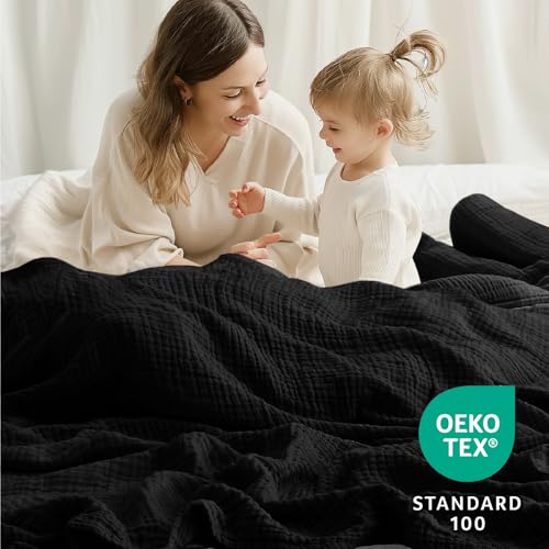Image of 100% Cotton Muslin Blanket 40 inch x 40 inch, Breathable and Lightweight Cotton Throw Blankets, Soft Cooling Summer Gauze Blanket for All Season, Black