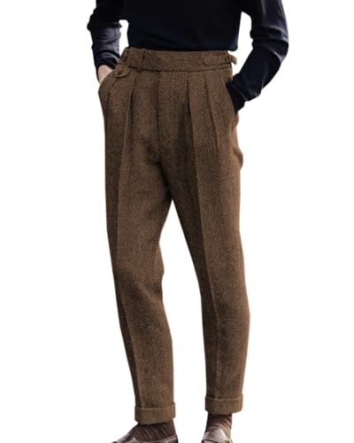 Image of Men's Herringbone Tweed Dress Pants Regular Fit Vintage Wool Trousers