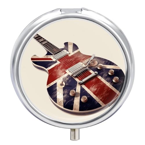 ラウンドピルボックス 3コンパートメント ギター 英国国旗 ピルケース 財布ポケット用 ポータブルトラベルピルオーガナイザー 薬収納ボックス 小さな金属製ピルコンテナホルダー ビタミン 魚油