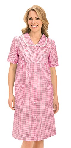 Collections Women's Etc. Gingham Women's Robe with Floral Accents, Snap-Front Closure and Lace