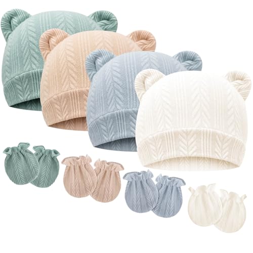 Image of BQUBO Newborn Baby Hats Bear Ears and Mittens Sets Preemie Caps Baby Boy Girl Infant Hospital Beanie for 0-3 Months