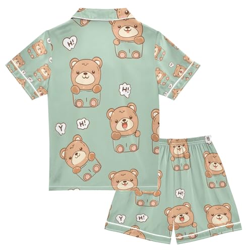 senya Cute Bear Hello Satin Summer Pajama Sets Silk Short Sleeve Button Down Sleepwear2