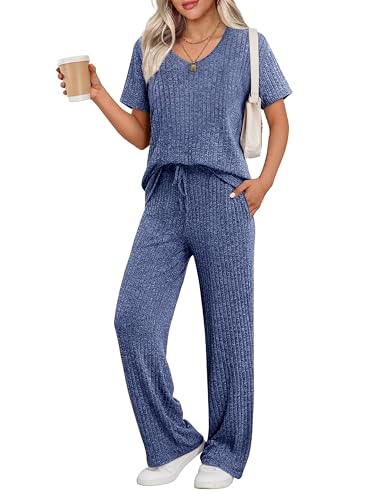 Image of Ekouaer Womens Ribbed Knit Lounge Set Short Sleeve Top and Long Pants Sleepwear Pajama Set Two Piece Matching Outfits Set