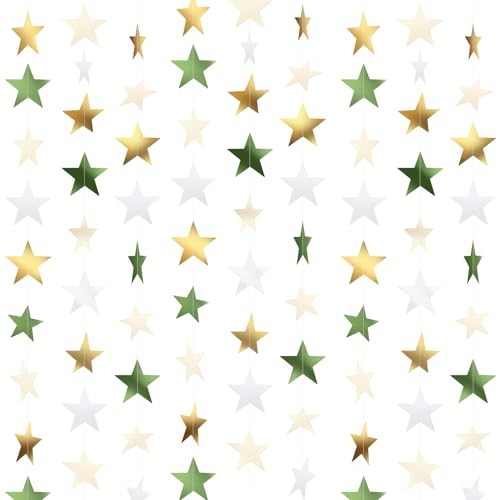 Image of Patelai Glitter Star Garland Banner 2026 Party Decor 130 Feet Star Hanging Streamers Twinkle Backdrop for Classroom Birthday Graduation Wedding Supplies(Sage Green, Gold, White)