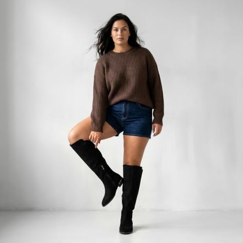 Image of Modatope Rounded Toe Flat Stretchy Dress Knee High Boots Side Zipper | Suede Elastic Fall Winter Boots, Low Chunky Block Heel Riding Boots,2026 Fashion Womens Tall Long Boots