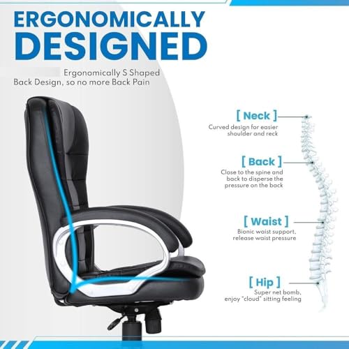 Image of Black Leatherette Office Chair | Ergonomic Executive Chair for Office & Home | High Back Executive Office Chair Home Study Reception Library Chair with arm Rest and Cushioned Seat (Chair)