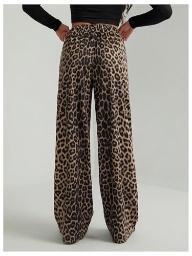 Women's Leopard Print Wide Leg Pants Patched Elastic Waist Casual Loose Trousers2
